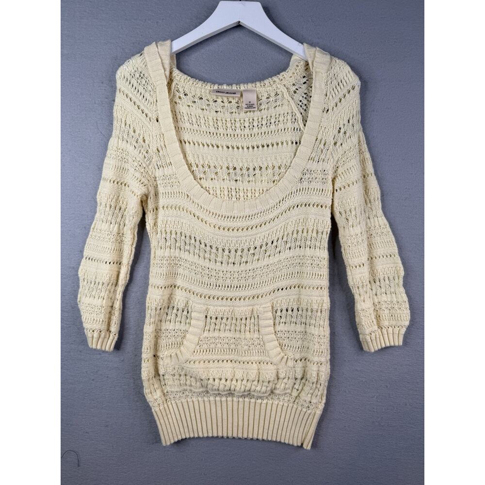 DKNY Crochet Pullover Hoodie Sz M Butter yellow Y2K Open Knit Delicate Beachy